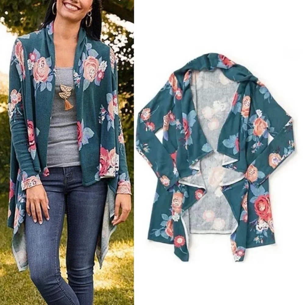 Matilda Jane Cozy Days Open Cardigan Size Medium Waterfall Floral Long Sleeve